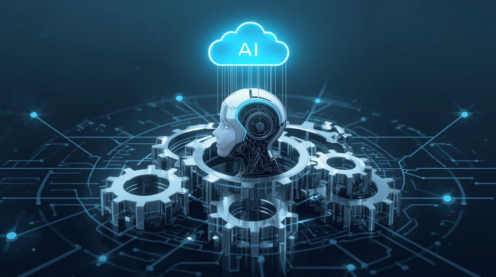 An image defining AI, automation, and modernization with icons (robot head, gears, cloud).
.